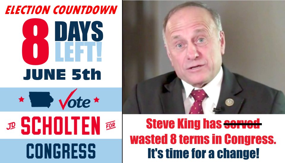 Steve King has passed one bill (renaming a post office) in EIGHT terms in office. In EIGHT days we have a chance to nominate the candidate who can defeat him in November! #VOTE @Scholten4Iowa !