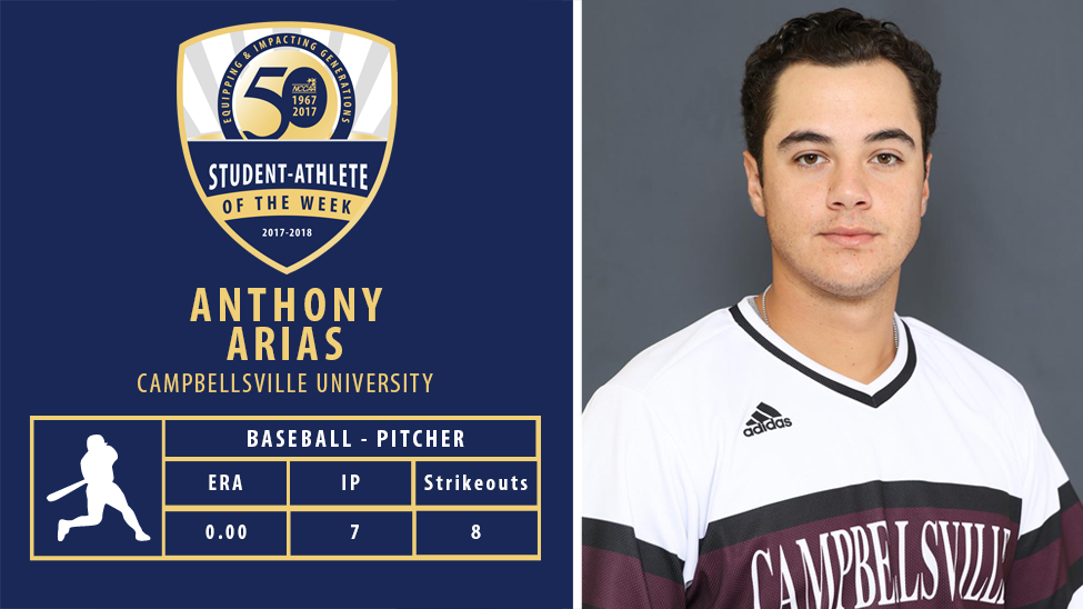 TheNCCAA's tweet photo. Congrats Anthony Arias of Campbellsville University, Baseball - Pitcher Student-Athlete of the Week! https://t.co/XL1zL0kd1w https://t.co/wtrs0vz5Ky