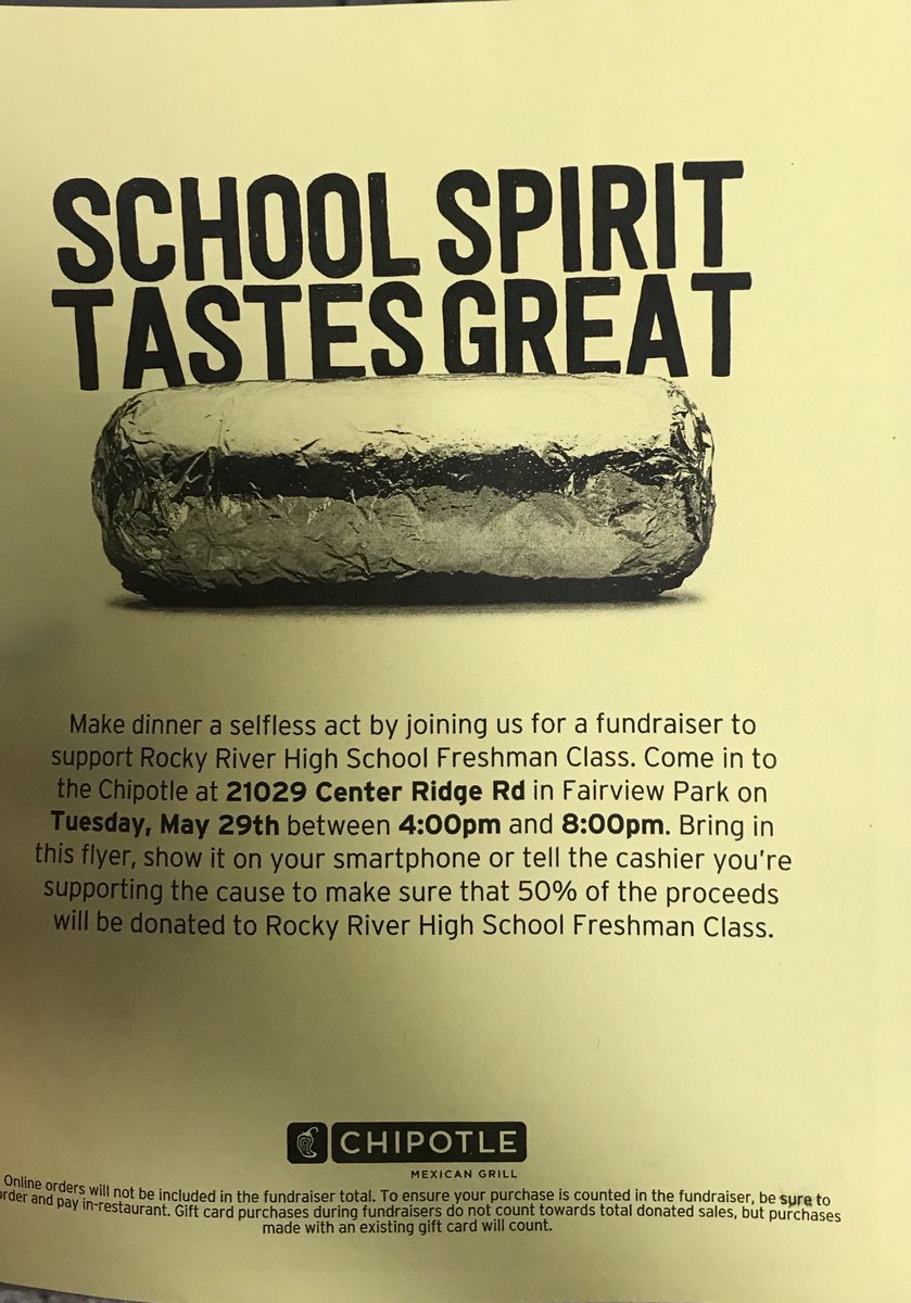 rrhsclassof2021's tweet photo. Come to Chipotle tomorrow tonight on Center Ride Rd. to support your freshman class. Come between 4-8 p.m. and make sure to say you are with the Freshman class or present the flyer you get at school tomorrow. It’s the last fundraiser of the year make sure to come support us!! https://t.co/sOWBApbO7l