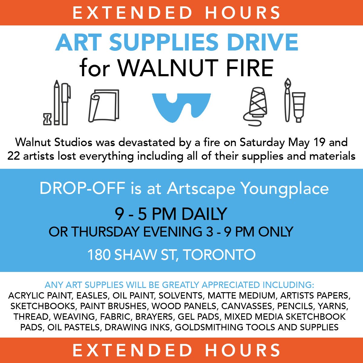 Claire (@torcello) on Twitter photo <a href="/WalnutStudios/">Walnut Studios</a> artists are so grateful for this outpouring of support. And now <a href="/Artscape/">Artscape</a> <a href="/YoungplaceTO/">Artscape Youngplace</a> is helping by providing space for more donations. Thank you! <a href="/WalnutStudios/">Walnut Studios</a> artists are so grateful for this outpouring of support. And now <a href="/Artscape/">Artscape</a> <a href="/YoungplaceTO/">Artscape Youngplace</a> is helping by providing space for more donations. Thank you!