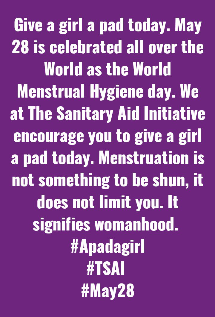TheSanitaryAid's tweet photo. Everyone must learn about #MenstrualHygiene and must push for #NoMoreLimits for the girl child. #MenstruationMatters #MenstrualHygieneDay https://t.co/omks1e60IZ