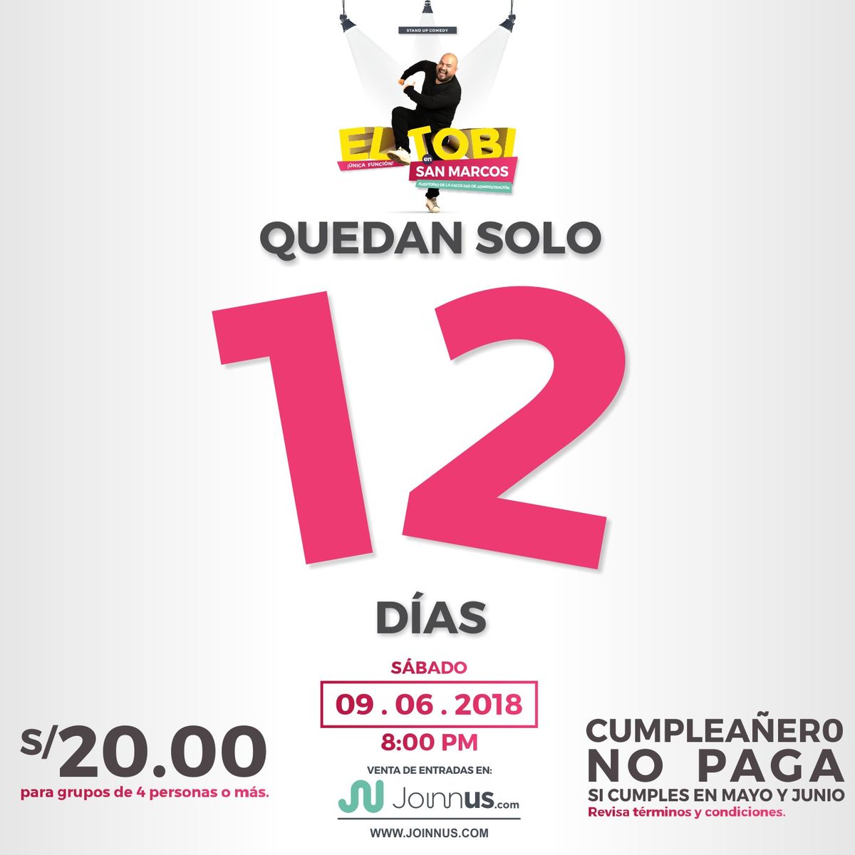 TitanesProd's tweet photo. 🚨🎙️ Quedan 12 días 🎙️🚨
🚨🎙️ EL TOBI en la UNMSM 🎙️🚨
@mellamantobi 
🗓️ Sábado 9 de Junio
⏱️ 8:00 PM
🎟️ ENTRADAS en Joinnus ➡️ https://t.co/aKuPpNeVZR
⚠️ Consultas 📲 961 209 502 (Celular y Whatsapp)

#ElTobi #UNMSM #SanMarcos #StandUpComedy #Funny #Show #Lima https://t.co/Iu9Pls052F