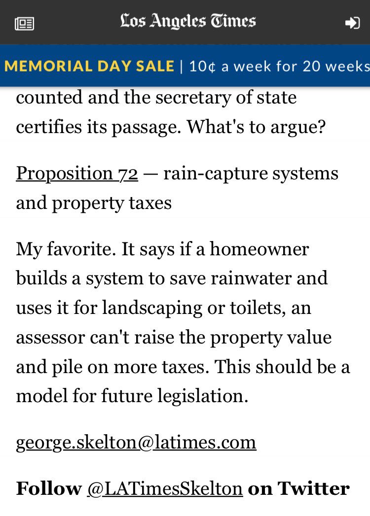 alexmglazer's tweet photo. If @LATimesSkelton says it, it must be true. Vote #YesOn72, California - more water, less taxes! https://t.co/kcQAMHThtf