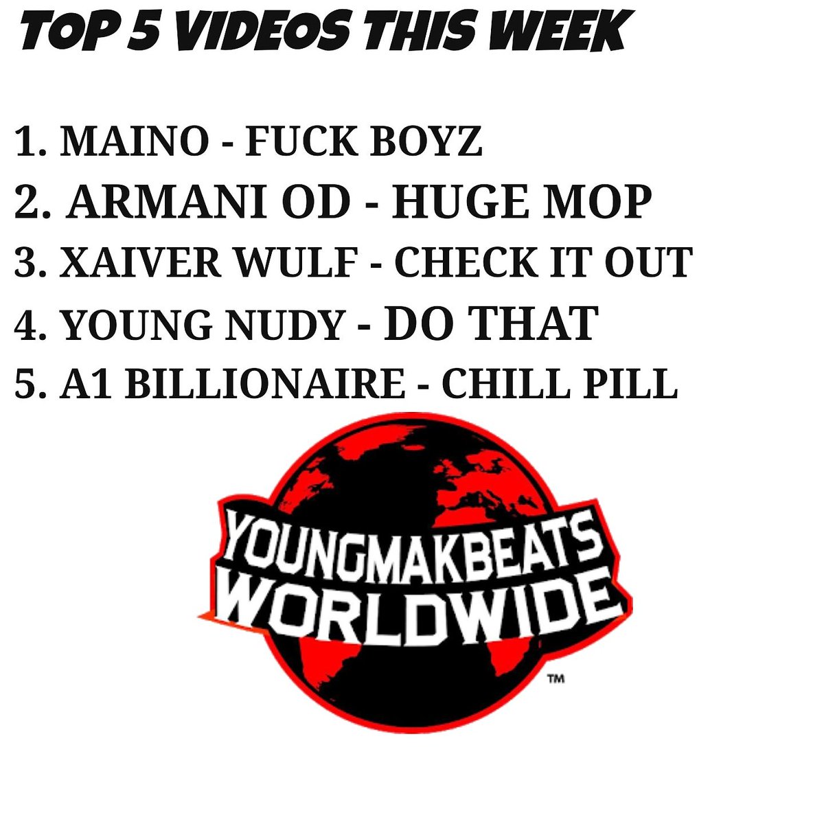YMBWW's tweet photo. Top 5 Videos this Week #YMBWW
#Top5Videos #Top5 #Maino #FuckBoyz #armaniod #HugeMop #FlfGroup #XaiverWulf #CheckItOut #YoungNudy #Dothat #a1billionaire #ChillPill #21savage #Atlrap #londonhiphop #unitedkingdomhiphop #hiphopafrica #hiphopculture https://t.co/skqVvtENFH