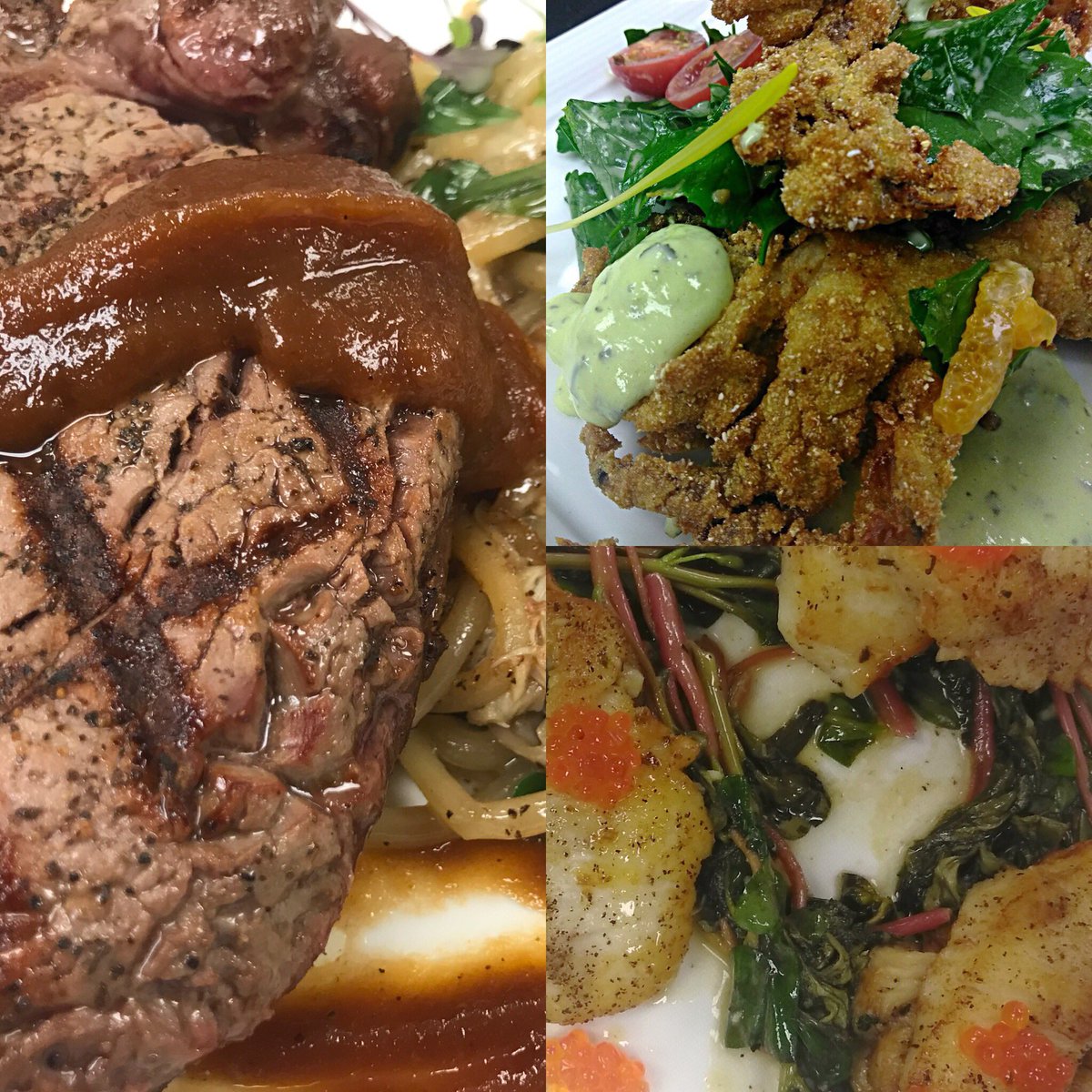 The_Meridian_'s tweet photo. Chef showed of this weekend: Bone-in Bison Filet, Soft-Shell Crab breaded with Popcorn Grits, and Halibut Cheeks with Wilted Purslane and Lion’s Mane Mushrooms!
#bison #softshellcrab #halibutcheeks #bestfoodindianapolis https://t.co/eXHL1Qjz7b