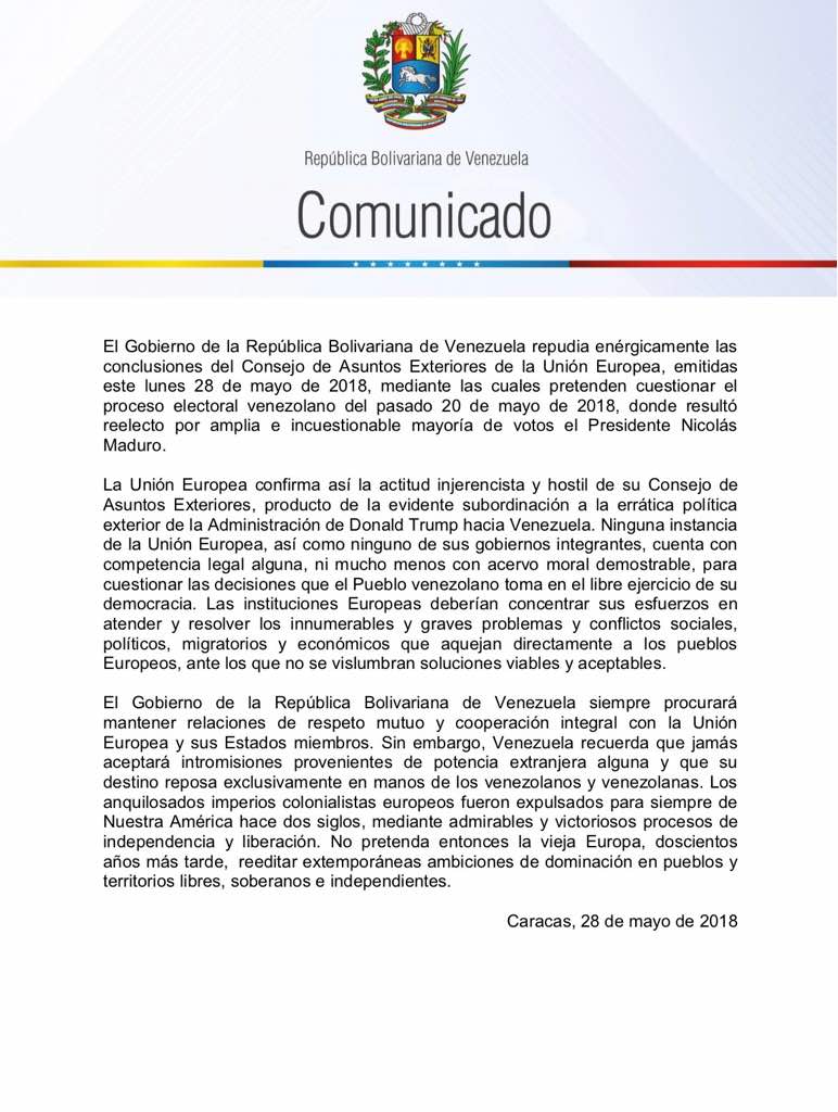 Venezuela reitera que ninguna instancia de la Unión Europea, así como ninguno de sus gobiernos integrantes, cuenta con competencia legal alguna, ni mucho menos con acervo moral, para cuestionar las decisiones que el Pueblo venezolano toma en el libre ejercicio de su democracia: