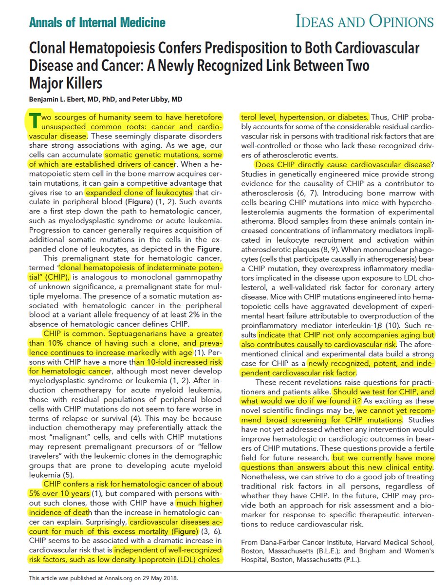 The CHIP you don't want annals.org/aim/article-ab… <a href="/AnnalsofIM/">Annals of Int Med</a> 
Succinct summary of what we know and don't know about "Clonal Hematopoiesis of Indeterminate Potential," a new risk factor for heart disease and pre-#cancer marker, common w/ aging