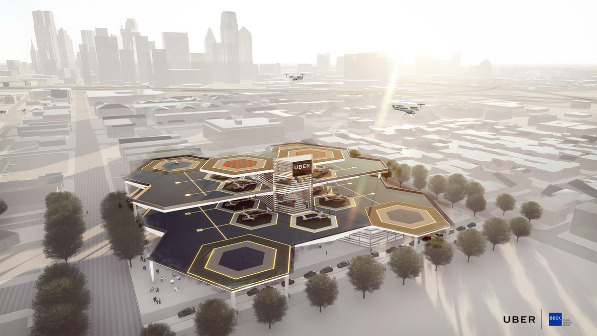 FriscoTXEDC's tweet photo. With plans to test flights in #FriscoTX in 2020, @Uber’s architect &amp; design partners unveiled several design concepts for @UberAIR’s “skyports.” Uber's aiming for a 2023 commercial deployment of this flying taxi service. Read more: https://t.co/M3UnOHAKWu #SeeYourselfInFrisco https://t.co/vKZ8Lyqil2