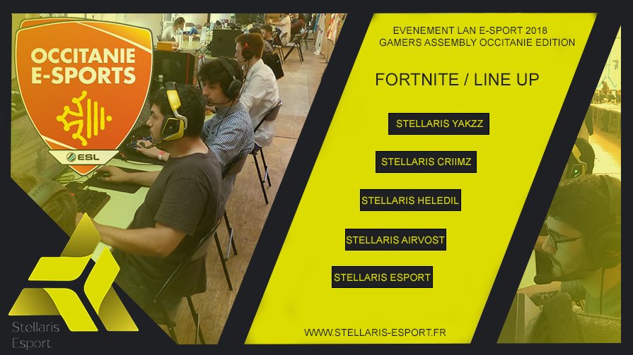 Nous serons présents à l’événement <a href="/OccitanieEsport/">Occitanie Esports Montpellier #OES2022</a>, avec notre Line Up <a href="/StellarisEsport/">Stellaris_Esport</a> Black, ce 02/06/2018 et 03/06/2018, nous contons sur vous spectateurs pour être présent et avec nous pour encourager notre Line Up Fortnite PC.

@ACE_eSport_GG  <a href="/GamersAssembly/">Gamers Assembly</a>  @papy_freddy