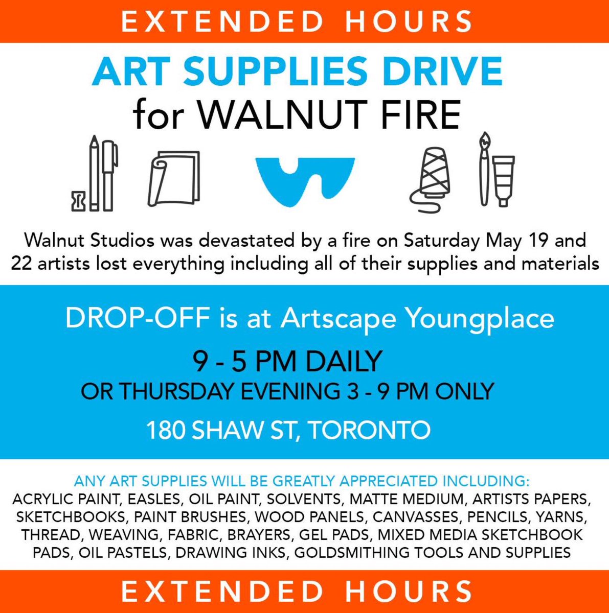 Extended week long hours for our supply drive at <a href="/YoungplaceTO/">Artscape Youngplace</a> thanks so much for your support <a href="/Artscape/">Artscape</a> ❤️❤️❤️❤️ #Toronto #ToArts