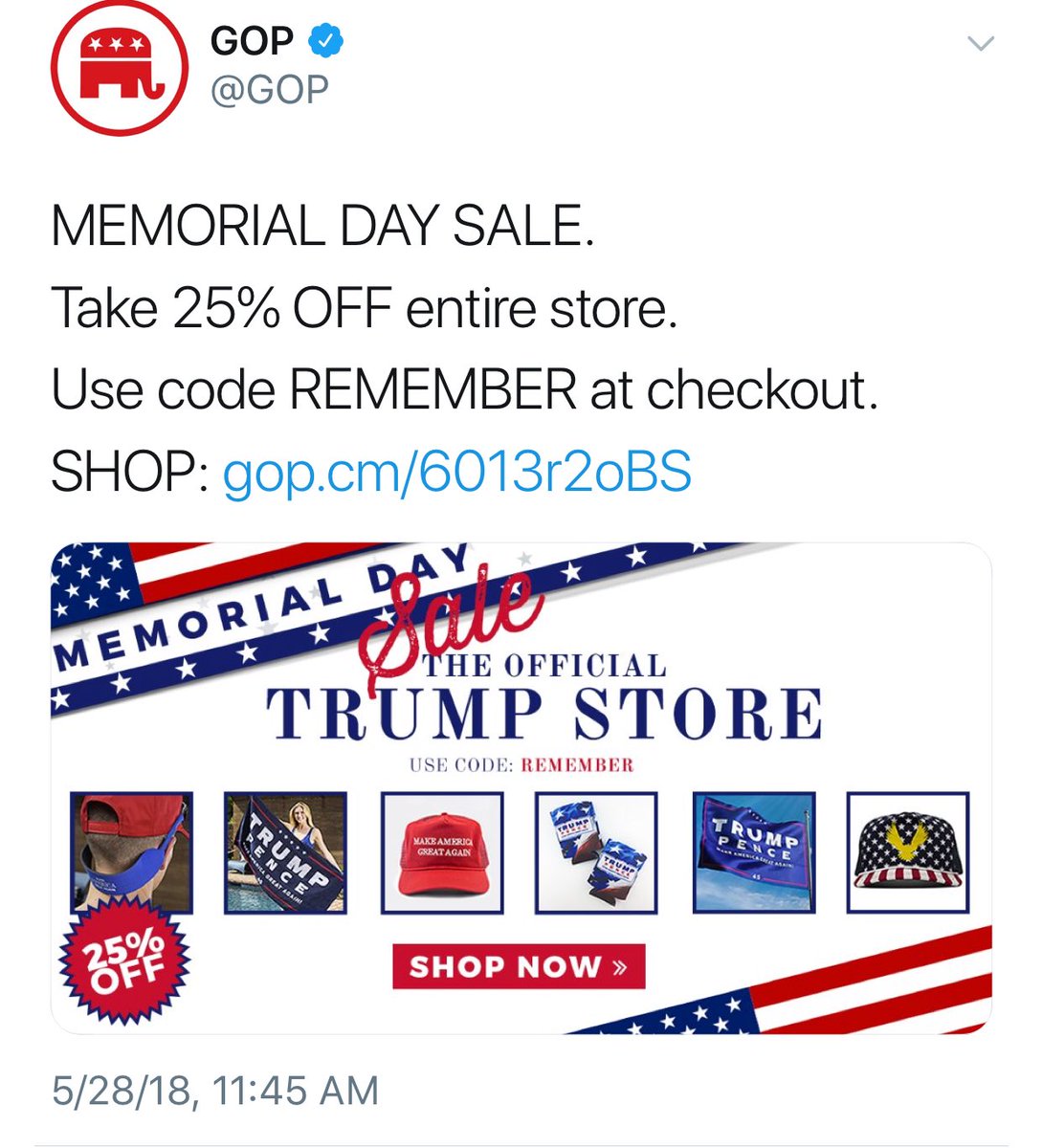 Really @GOP? You think this is what’s #MemorialDay is all about. Maybe you can #TakeAKnee and remember the fallen.