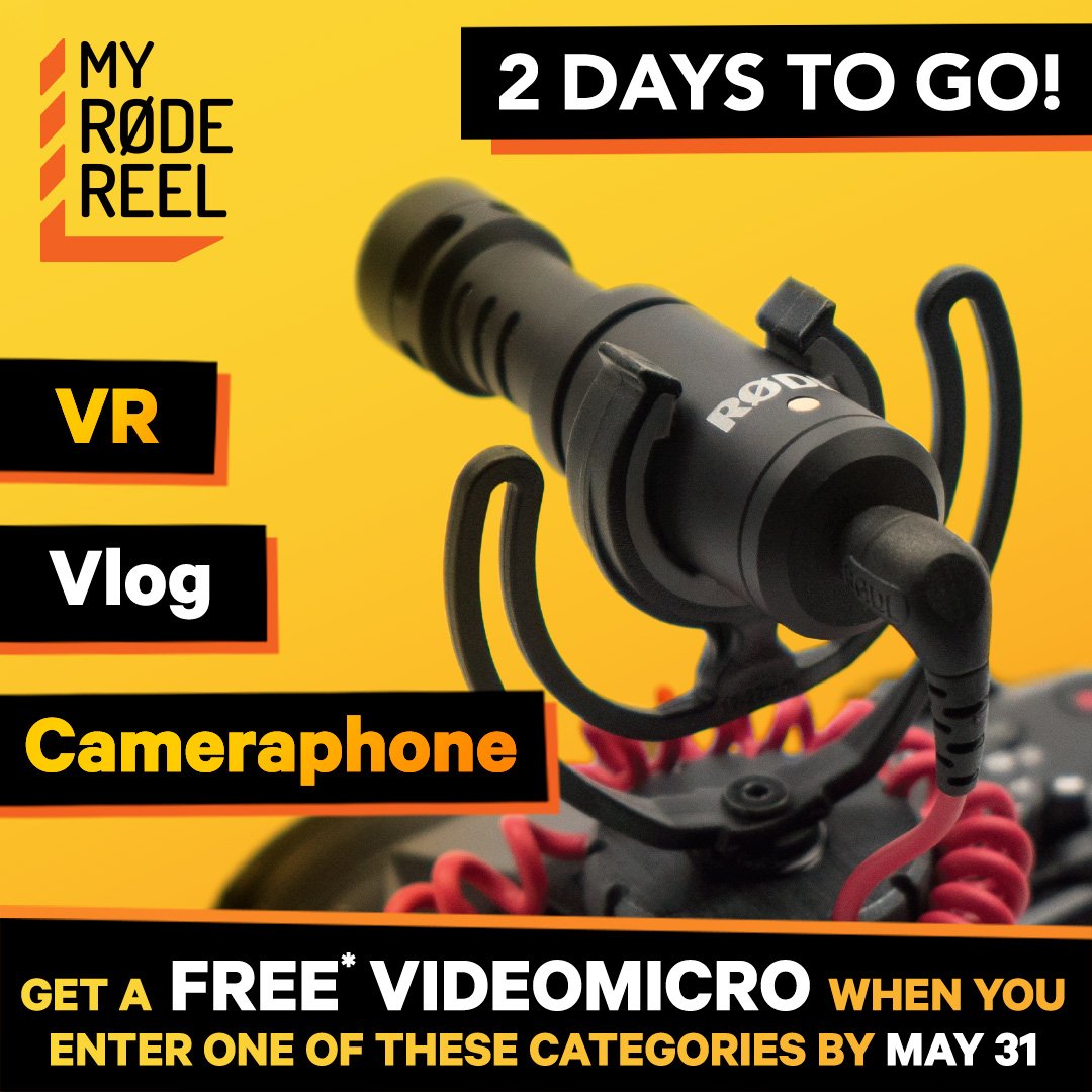 rodemics's tweet image. Have you entered a film into #MyRØDEReel 2018?

If you enter the Vlog, Cameraphone, or VR category by May 31st, you'll get a FREE* #RØDE #VideoMicro 😲

You've got two days to get your entry in, so visit myrodereel.com NOW to submit your film!