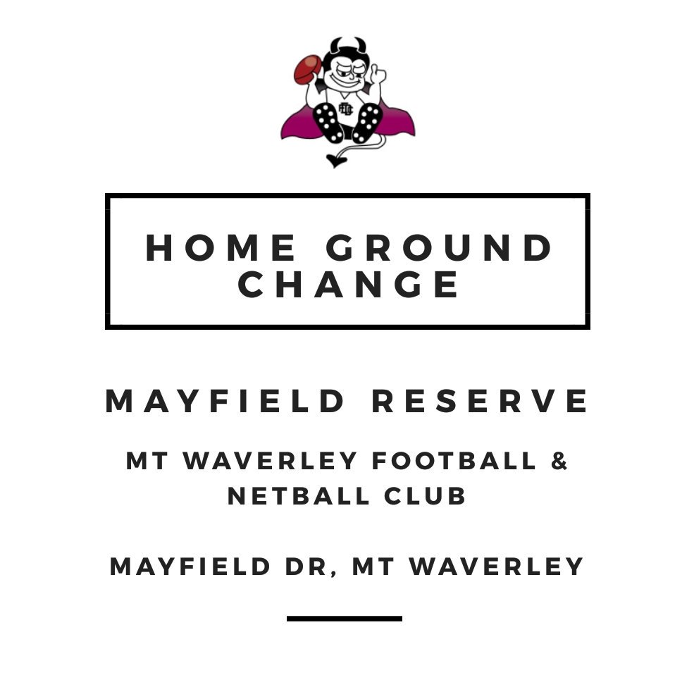 IMPORTANT GROUND UPDATE

Due to ground work being undertaken at Mulgrave Reserve, the Eastern Devils will play remaining 2018 home games at:

Mayfield Reserve
Mount Waverley Football &amp; Netball Club
Mayfield Drive, Mount Waverley