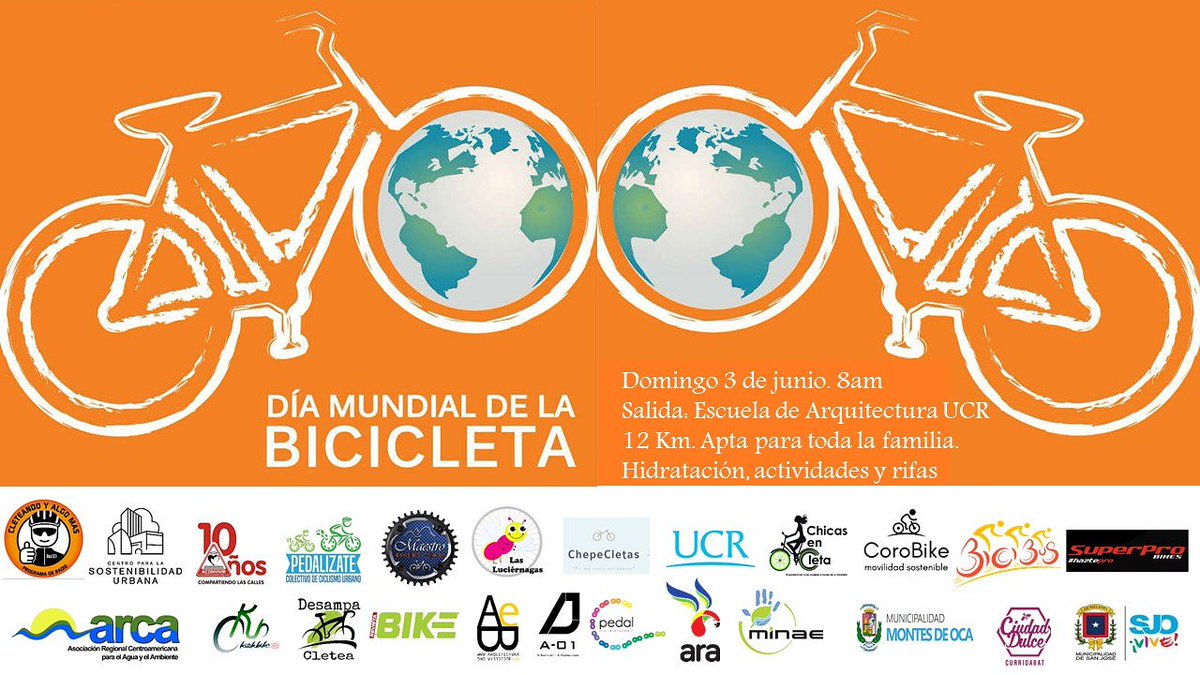 pedalizate's tweet photo. Este próximo domingo 3 de junio celebraremos el Día Mundial de la Bicicleta con una ecocleteada que tendrá salida a las 8 am desde la Plaza de la Libertad de Expresión (Facultad de Arquitectura)  en la Universidad de Costa Rica.  

#DíaMundialDeLaBicicleta #EcoCleteada https://t.co/E21ERMQJMu