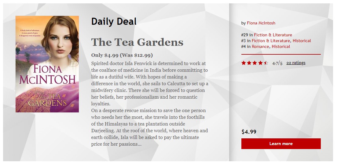 Daily Deal <a href="/kobo/">Kobo</a> The Tea Gardens at an amazing price. Grab it if you can <a href="/PRHDigital/">Penguin Random Digi</a>