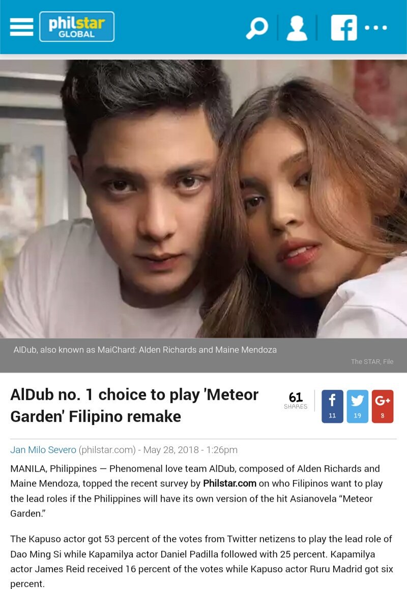 ofcnewscaster's tweet photo. MAY 29 2018
📰PHILSTAR GLOBAL BY JAN MILO SEVERO
"ALDUB NO. 1 CHOICE TO PLAY 'METEOR GARDEN' FILIPINO REMAKE."
#ALDUBNationParaSaALDUB https://t.co/LFO2b5vMsU
