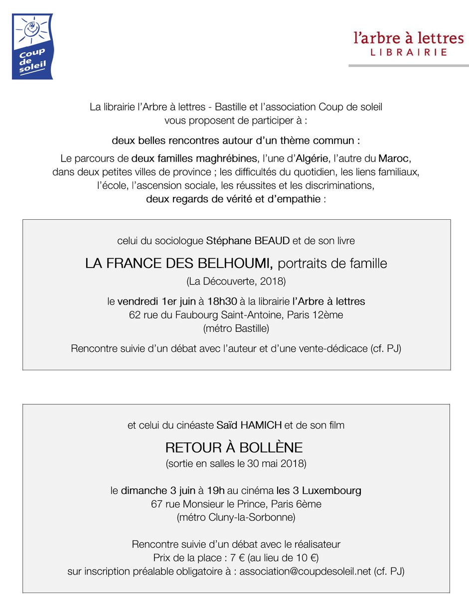 Vendredi 1er juin + samedi 3 juin 2018 à Paris
sur inscription préalable obligatoire à : 
association@coupdesoleil.net