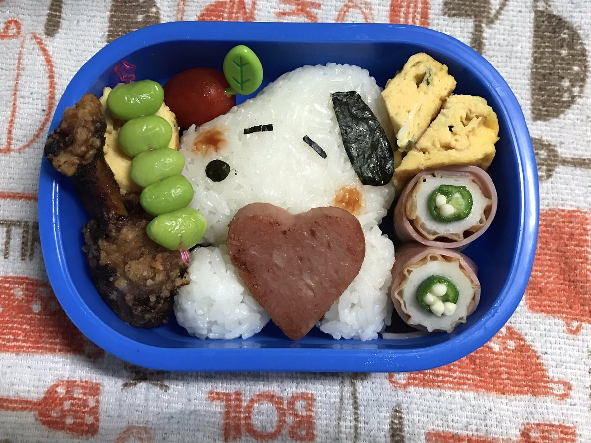 Chieo パピコ R2 5生まれ Twitter वर 今日の息子弁当 お弁当記録 キャラ弁 スヌーピー ハート型スパム チューリップ唐揚げ ねぎたまご焼き オクラちくわベーコン巻き ミニトマト 枝豆 よく見ると ダメなやつ