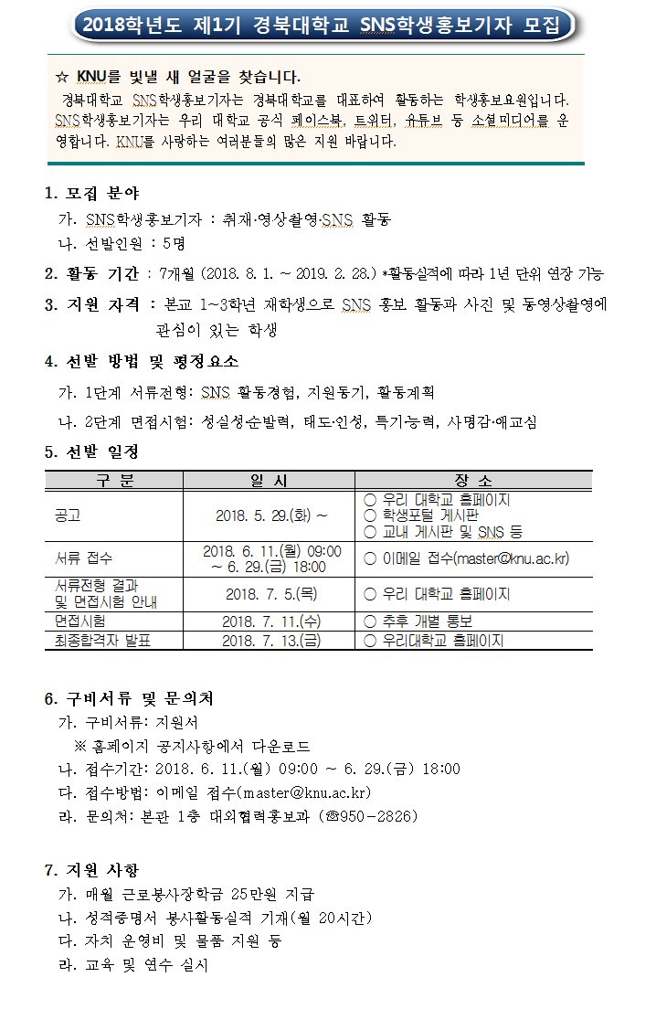 [공지] 2018학년도 제1기 경북대학교 SNS학생홍보기자 모집

*공지바로가기 ☞knu.ac.kr/wbbs/wbbs/bbs/…