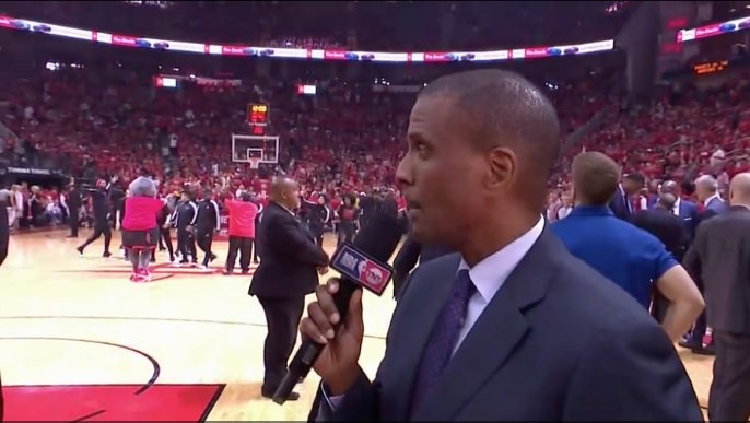 ringer's tweet photo. David Aldridge interviewing the Rockets' 3-point shooters
#RingerNBA https://t.co/0emD8v7Skq