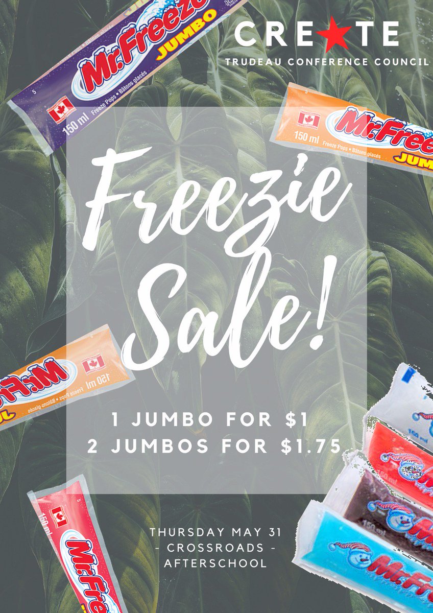 trudeau_cc's tweet photo. OUR ANNUAL FREEZIE SALE IS THURSDAY IN THE CROSSROADS AFTERSCHOOL only a DOLLAAAAAAA for a JUMBO🤯🤯 https://t.co/q7BXJ9kaQE