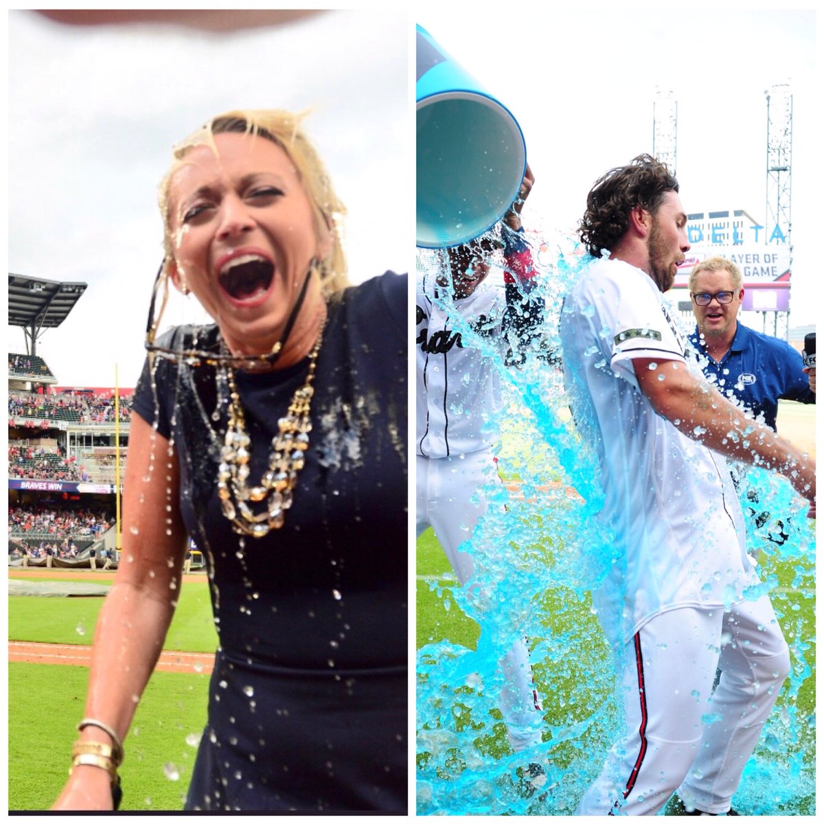 PaulByrd36's tweet photo. More Broadcasting Advice Gabe: Always remember to anticipate the Powerade Cooler after a Walkoff like the guy on the right who stayed dry. The girl on the left, well... https://t.co/VMdWmuam3y