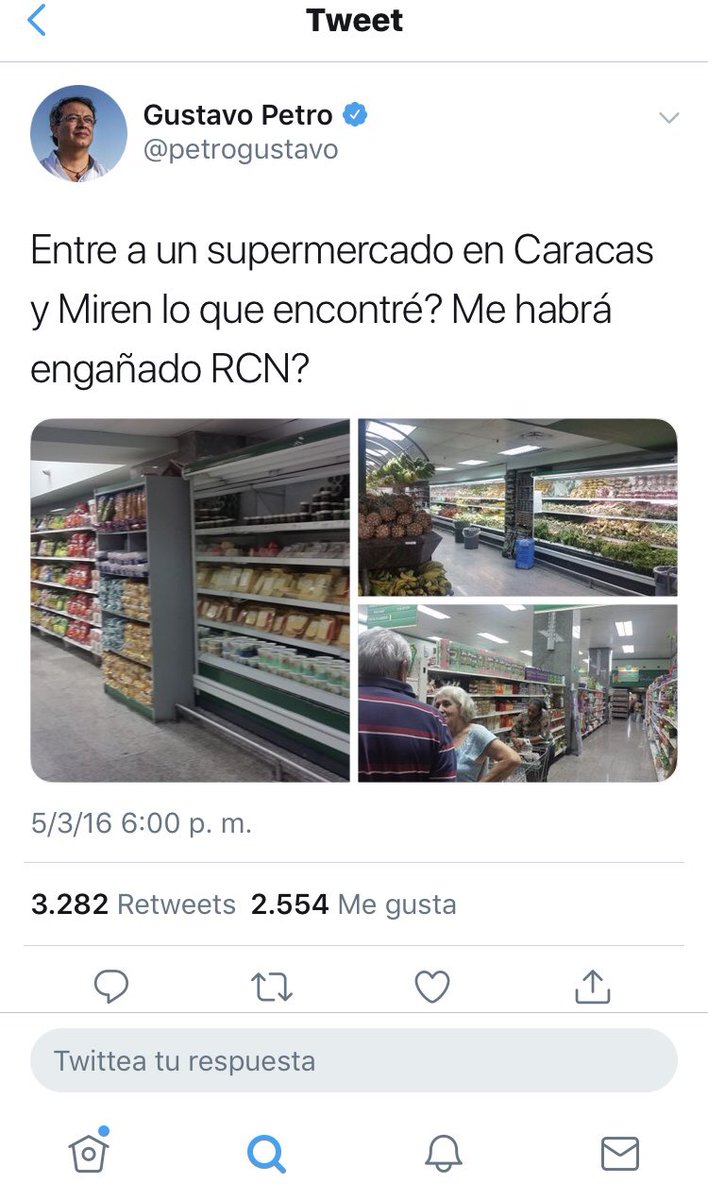 robertodeniz's tweet photo. Este es el tuit en el que Petro negaba la escasez en Venezuela. Fue en 2016 cuando ya el desabastecimiento era grave. Dos años después no quiere saber nada de Maduro, ni de Chávez, ni de Venezuela https://t.co/nzXBf8vmjg