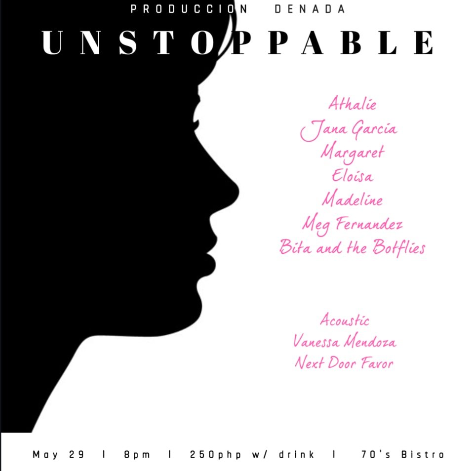 livemusicmnl's tweet photo. Unstoppable
May 29, 8PM
@the70sBistro 
P250 door charge

Performances by
@AthalieOfficial
Jana Garcia
@Margaretmusicph
Eliosa
@madelinemusicph 
@asmegsleeps 
@TheBotflies 

Acoustis set from
Vanessa Mendoza
@NextDoorFavor 

Presented by @denadaprod https://t.co/XfZhIfxkas