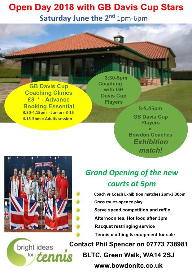Open day this Saturday June the 2nd 1-6pm. Free coaching sessions, speed gun,exhibition matches, food/drinks and we welcome ex GB Davis Cup players Danny Sapsford and Luke Milligan to help mark this special day opening the four new artificial clay courts.Please RT <a href="/BowdonSumBall/">Bowdon Summer Ball</a>