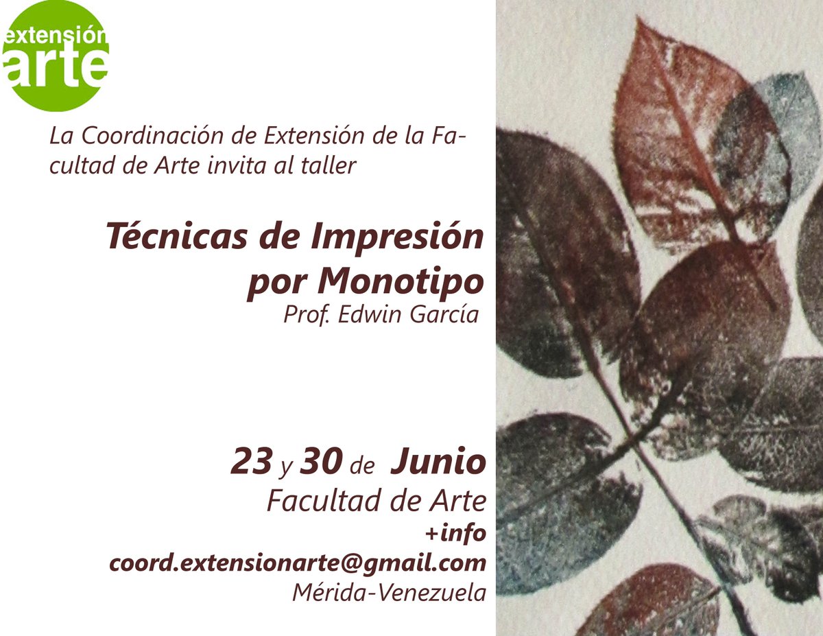Y a petición volvemos con este #taller para #imprimir a mano con el #monotipo con el Prof. y grabador <a href="/edwin_gama/">Edwin García</a>. 400.000 Bs estudiantes, 800.000 Bs público general. 2 sábados, 16 horas +info coord.extensionarte@gmail.com o en la oficina #ExtensiónArte en la <a href="/FacuArteULA/">Facultad Arte ULA</a>