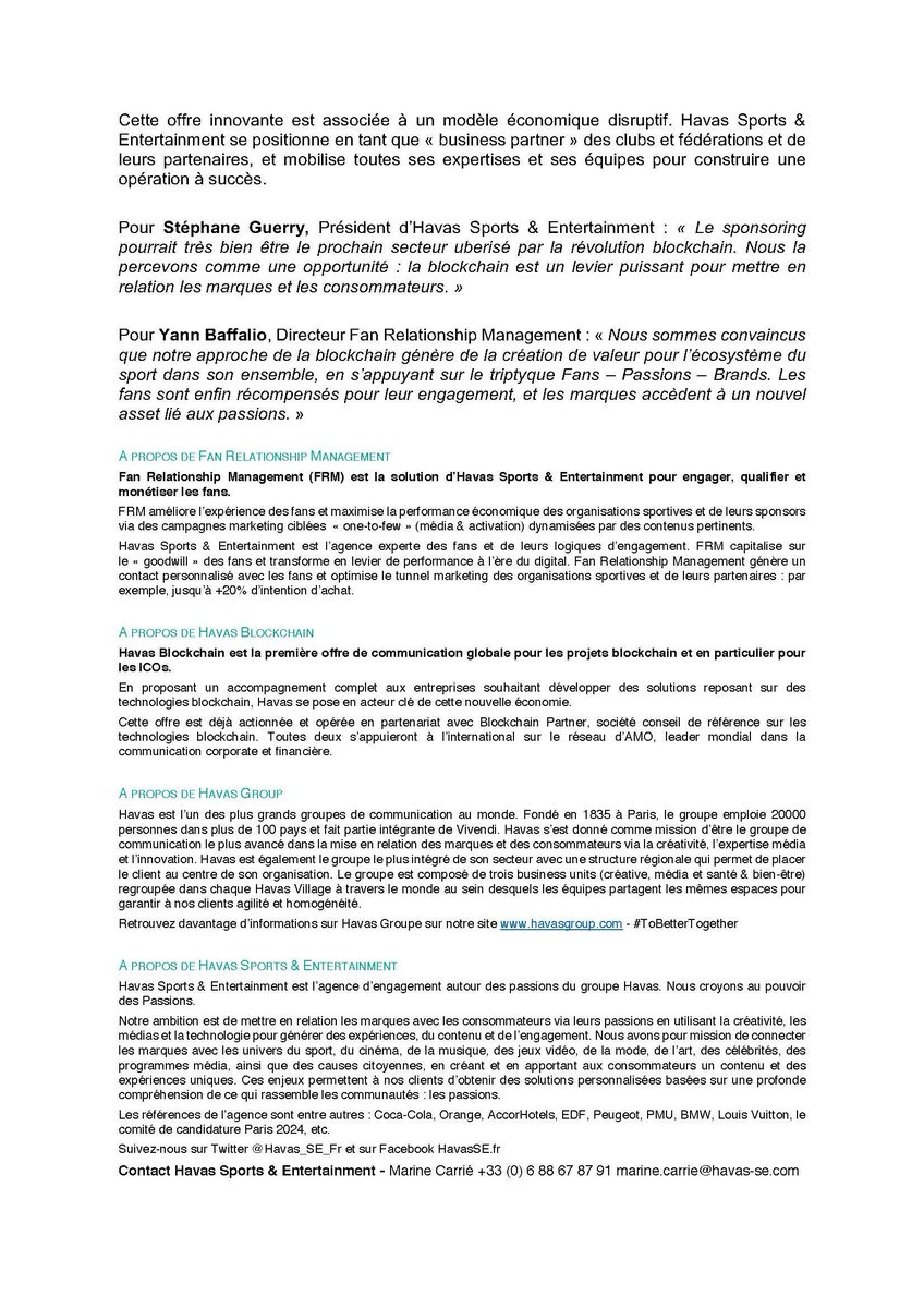 🚨 NEWS 🚨
@Havas_SE_Fr lance la 1ère solution blockchain de fidélisation des fans pour les organisations sportives et leurs partenaires avec <a href="/HavasBlockchain/">Havas Blockchain</a> 
Cette plateforme innovante utilise les "Digital Coins" pour récompenser l'engagement des fans.

En savoir plus :👇👇👇