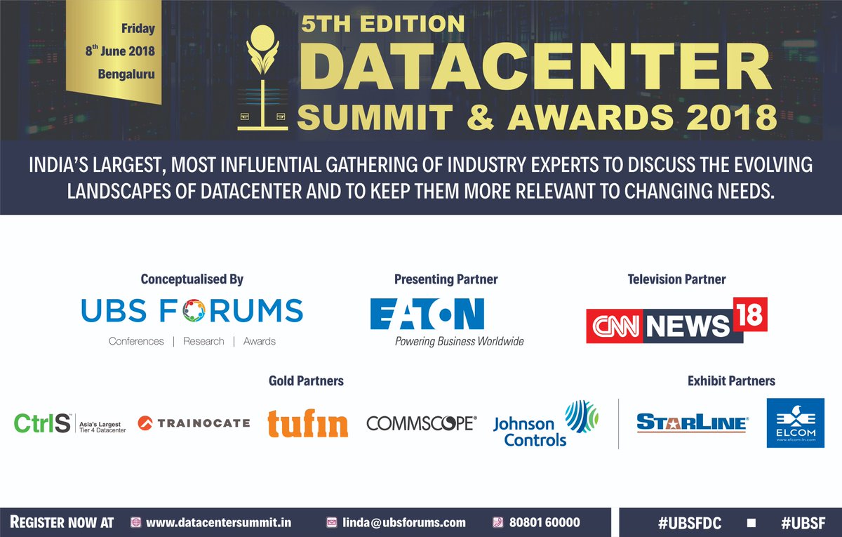 ubsforums's tweet photo. Welcome our Gold Partners @tufintech, @commscope ,@johnsoncontrols, @TrainocateIndia & @CtrlSdc for 5th Edition Data Center Summit & Awards 2018.
Register- https://t.co/R1CiSzjjCa
#Datasecurity #DataCenter2018 #Dataprotection #Dataprivacy #CIO #CISO #CTO #UBSFDC #UBSF https://t.co/TeTXYhTp8p
