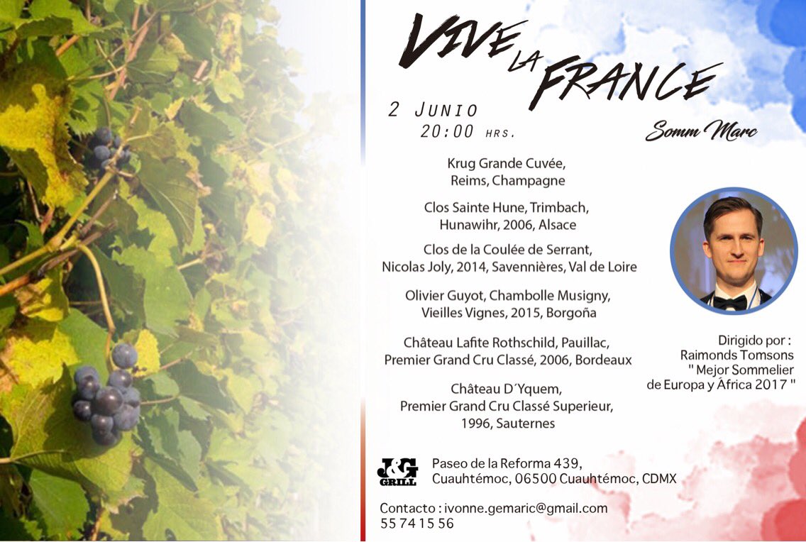GEMARIC's tweet photo. Evento 4: 🇫🇷 “Vive la France” 🇫🇷
Fecha: Sábado 2 de Junio
Horario: 20:00 hrs.
Lugar: #J&amp;G ••Cupo súper limitado•• Incluye: Menú de 5 tiempos, #Cata de #vinos agua y servicio. https://t.co/uFeZnFCPU6