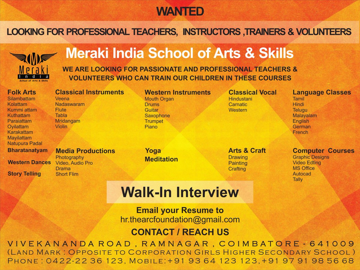ArcFoundation_'s tweet photo. WE ARE LOOKING FOR PASSIONATE PEOPLE FOR VARIOUS ROLES AND CHALLENGES , KINDLY SHARE WITH YOUR FRIENDS AND FAMILY AND DO SUPPORT US ! LETS JOIN TO MAKE AN IMPACT FOR OUR CITY.

#TheArcFoundationIndia
#MerakiIndiaSchoolofArtsandSkills
#Coimbatore https://t.co/uUNrlJmStp