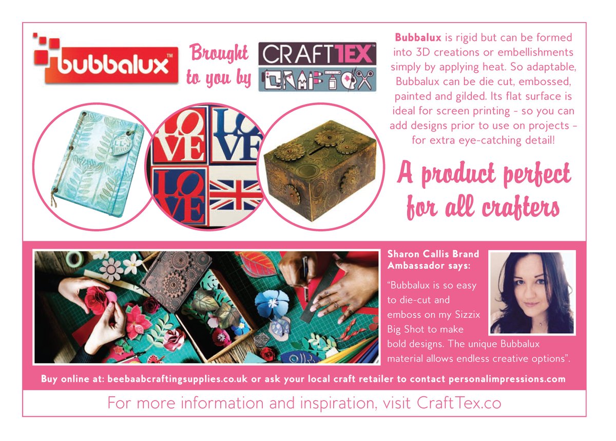 sharoncallis's tweet photo. #Bubbalux by #crafttex advertisement this week in @PaperCrafterMag . This versatile craft board is available in many colours and will add a new dimension to your crafting. Available now through @PImpressions https://t.co/3D2oLeA9Xw