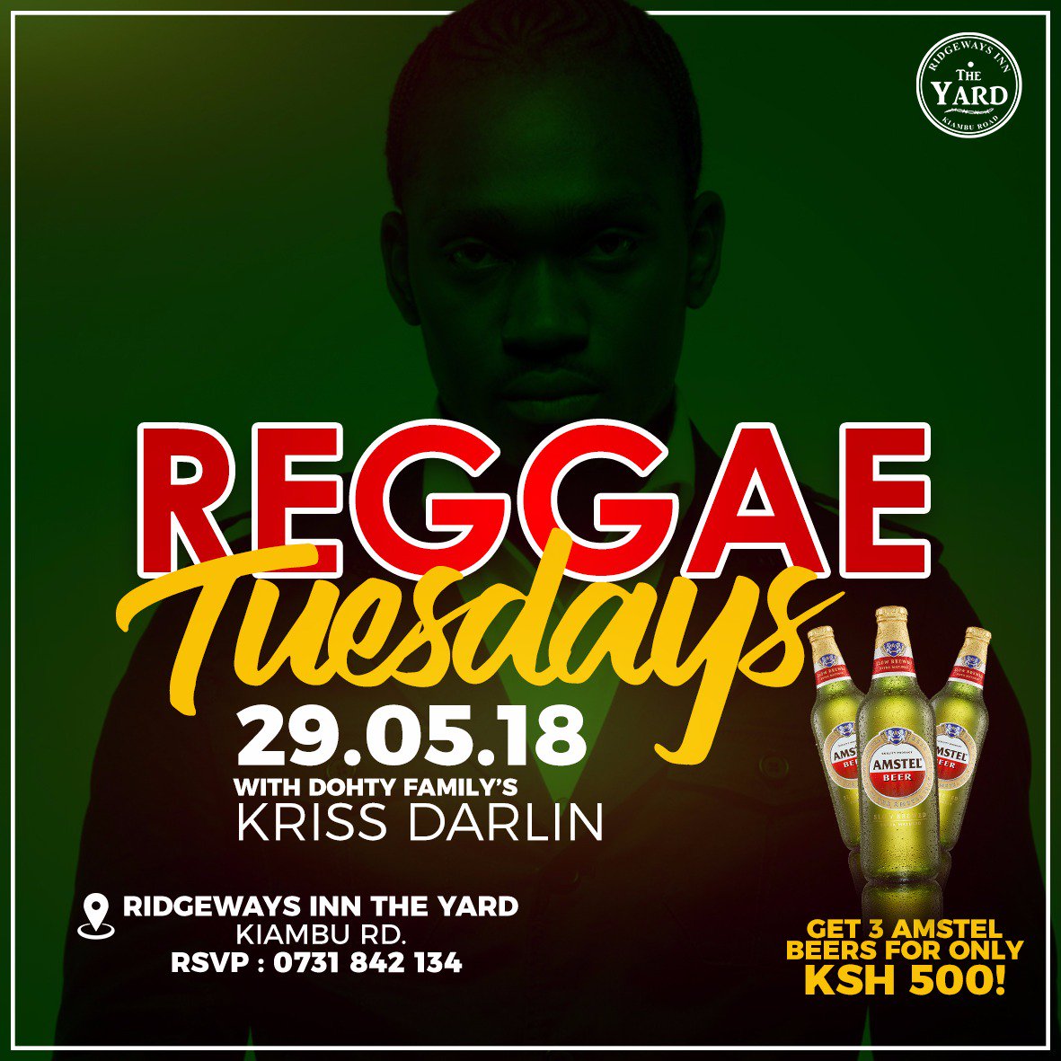 Big up Reggae Fam 💯🙌 Let's meet up at <a href="/inn_yard/">Ridgeways Inn-The Yard</a> tonight to enjoy Reggae tunes hosted by <a href="/KrissDarlin/">KRISS DARLIN</a> 🔥 🔥 
Enjoy 3 #Amstel beers 🍻 at the price of Ksh.500/= ONLY! 
Tasty African meals at affordable prices down at your No. 1 local #TheYard #KiambuRoad  #reggaenight #dohtyfam