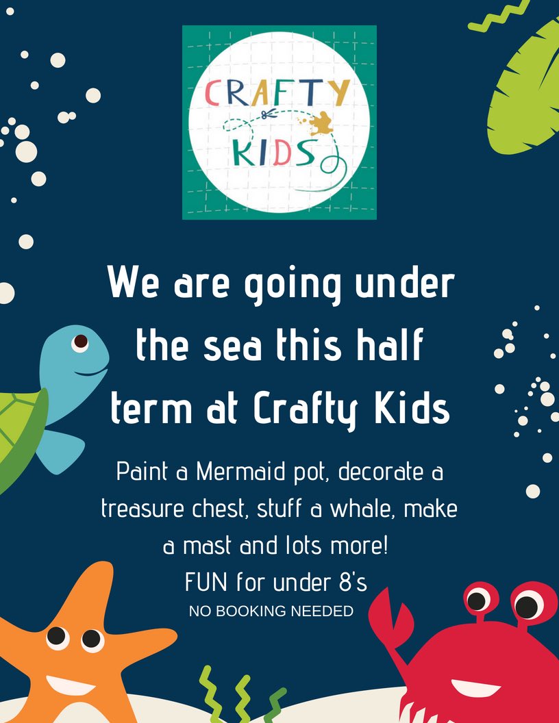 This week at Crafty Kids ....

• stuff a whale
• decorate a treasure chest 
• colour in a mermaid 
• glue &amp; stick a rainbow fish 
• explore our new outdoor area! 

#HalfTerm