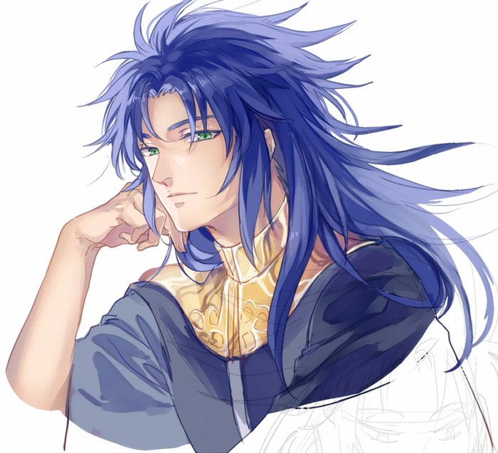 1boy male focus long hair solo green eyes white background blue hair  illustration images