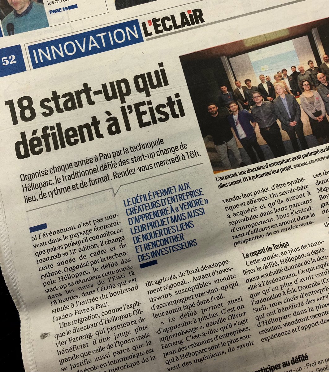 OlivierFARRENG's tweet photo. Demain les start-up de @Helioparc défilent à @MyEISTI. Pitch de 3’ pour convaincre ! Merci à @LaRepDpyrenees pour son soutien. Inscriptions : https://t.co/nWBxoLzqwp @Ville_Pau @CreaSUDCom https://t.co/xhUFc0DauA