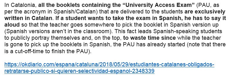 bcnviafora_eng's tweet photo. Catalonia. Are Spanish-speaking students victims of a discrimination
when it comes to the “University Access Exam”?
@nytimes @washingtonpost @cnni @BBCWorld @Independent @thetimes @euronews @heraldscotland @guardian @FT @ONUHumanRights @euronews @SkyNews @EU_Commission https://t.co/KxbiqH85sH