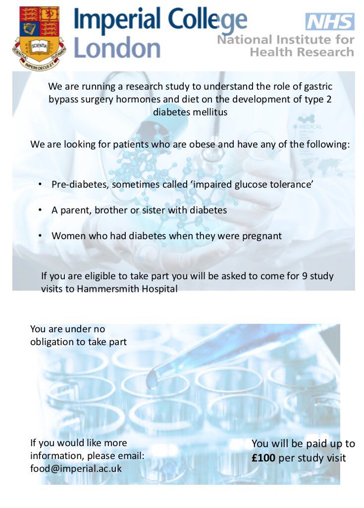 perezpevida_B's tweet photo. Searching participants for the GOP trial: Infusion of three gut hormones-GLP-1, PYY and oxyntomodulin subcutaneously in order to achieve the same metabolic benefits of bariatric surgery @ImperialCRF @BariatricNews @Obesitysoc @DiabetesUK @Soc_Endo @obsmuk https://t.co/IoRYEBthYm