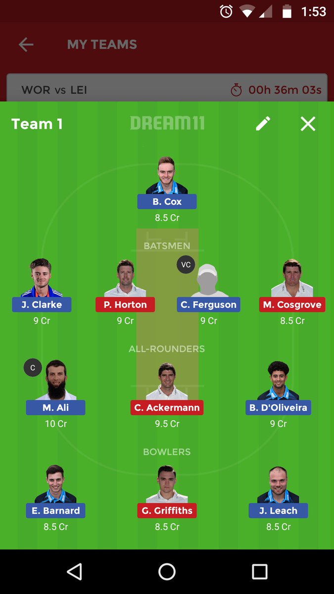 FantasyCriket17's tweet photo. #WORvsLEI English odd match #dream11team small league only https://t.co/Fd9LJ5s0WH
