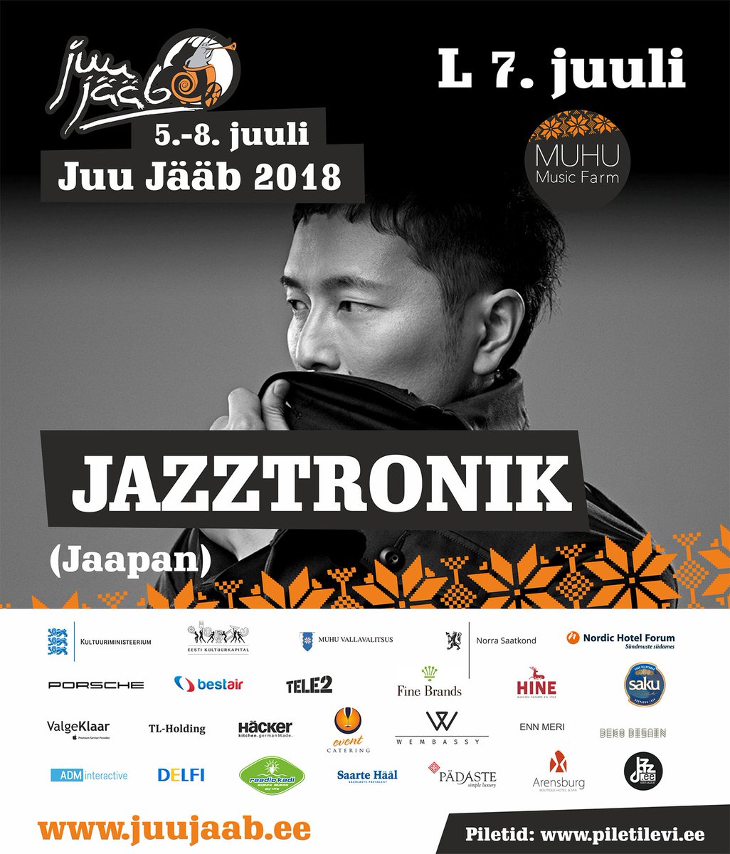 22nd Muhu Future Music Festival JUU JÄÄB 2018 headliner is JAZZTRONIK (JP)  facebook.com/events/2558128…. Tickets: piletilevi.ee/est/piletid/fe…