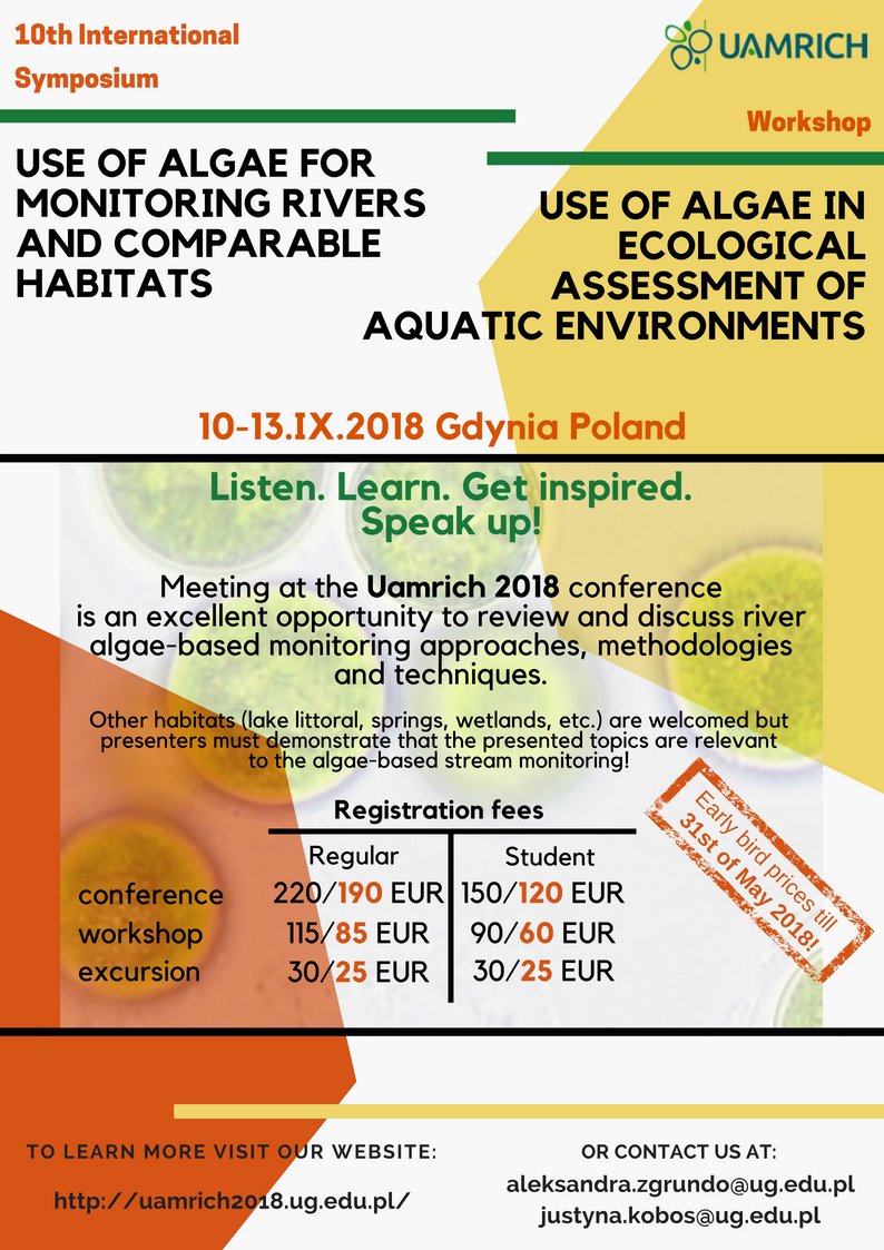 We would like to invite you to participate in UAMRICH2018 conference/workshop, that will be organized in Gdynia, Poland (10-13.IX.2018)! #algae #rivermonitoring #cyanobacteria #diatoms #ecologicalassessment #monitoring