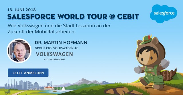 Wie sieht die Zukunft der Mobilität aus? Gemeinsam mit Volkswagen präsentieren wir Ideen für die Zukunft. Besuchen Sie uns am 13.06. bei der CEBIT. #trailblazer #SalesforceTour @salesforceDE sforce.co/2H0rhvL