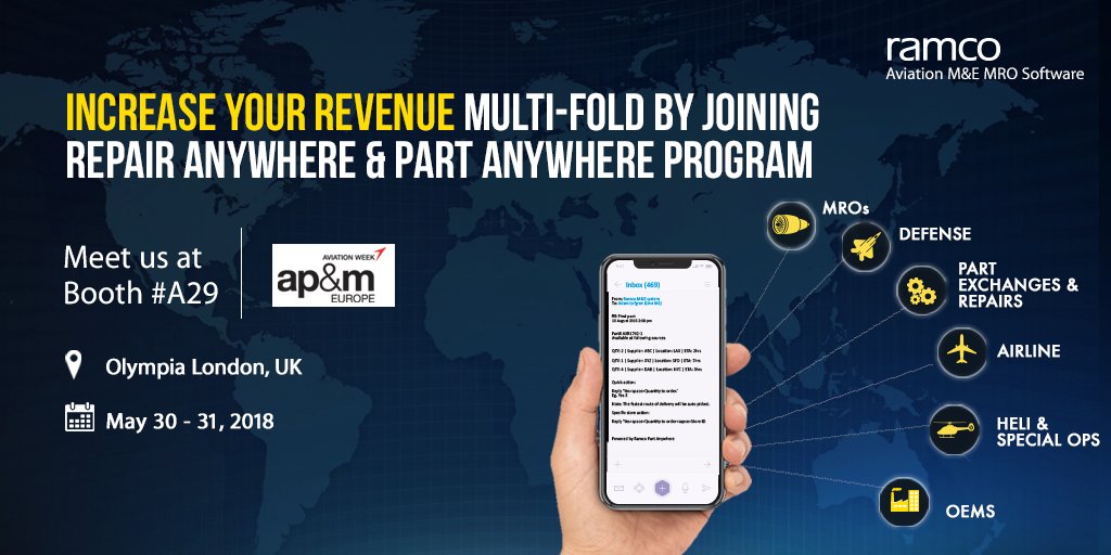 Heading to the <a href="/apm_expo/">ap&m Europe</a>? Meet us at booth #A29 to explore how #Ramco #Repair Anywhere &amp; #Part Anywhere can positively impact your bottom-line.
#MRO #Aviation #maintenance #trading #apmexpo