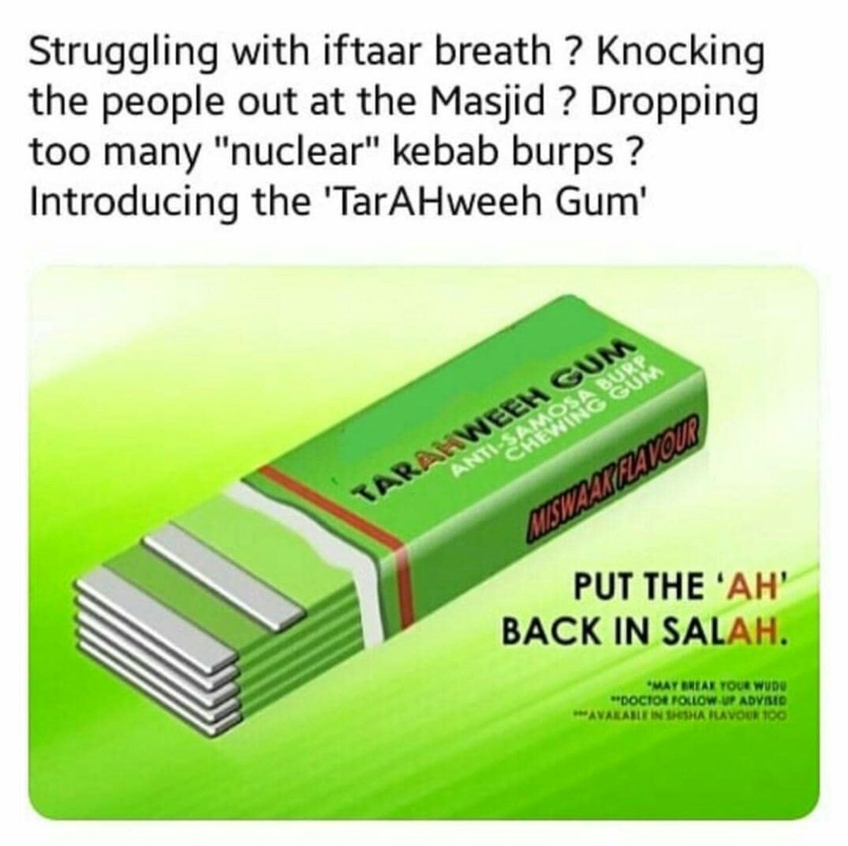 HumorousMuslim's tweet photo. The much needed therapeutic "Tarahweeh gum" is finally here! 

#Ramadhan #Ramadan
#PrecautionIsBetterThanCureThough https://t.co/YdkY0hiP00