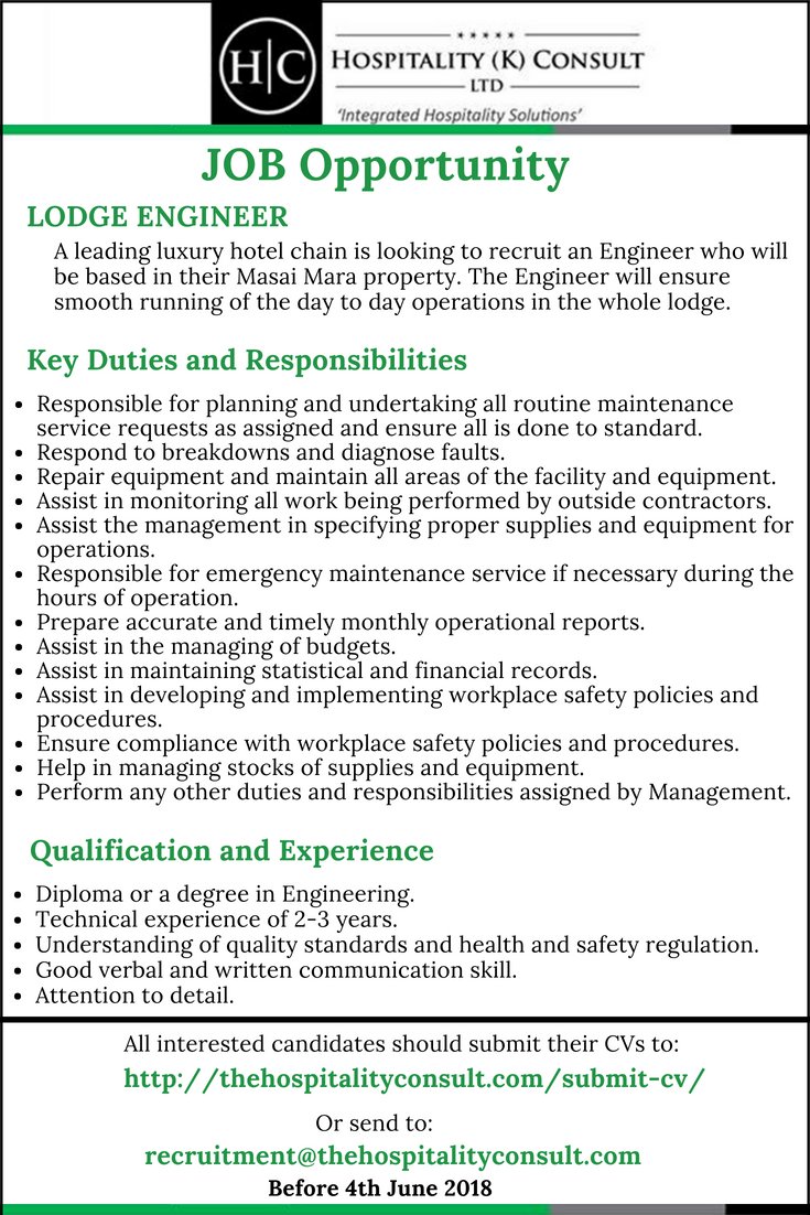 NEW JOB OPPORTUNITY: LODGE ENGINEER
To apply please submit your CV here 👇👇: thehospitalityconsult.com/submit-cv/ or send your application to: recruitment@thehospitalityconsult.com before 4th June 2018. @IkoKaziKenya #IkoKazi #IkoKaziKE #jobopportunitykenya #jobseekerskenya