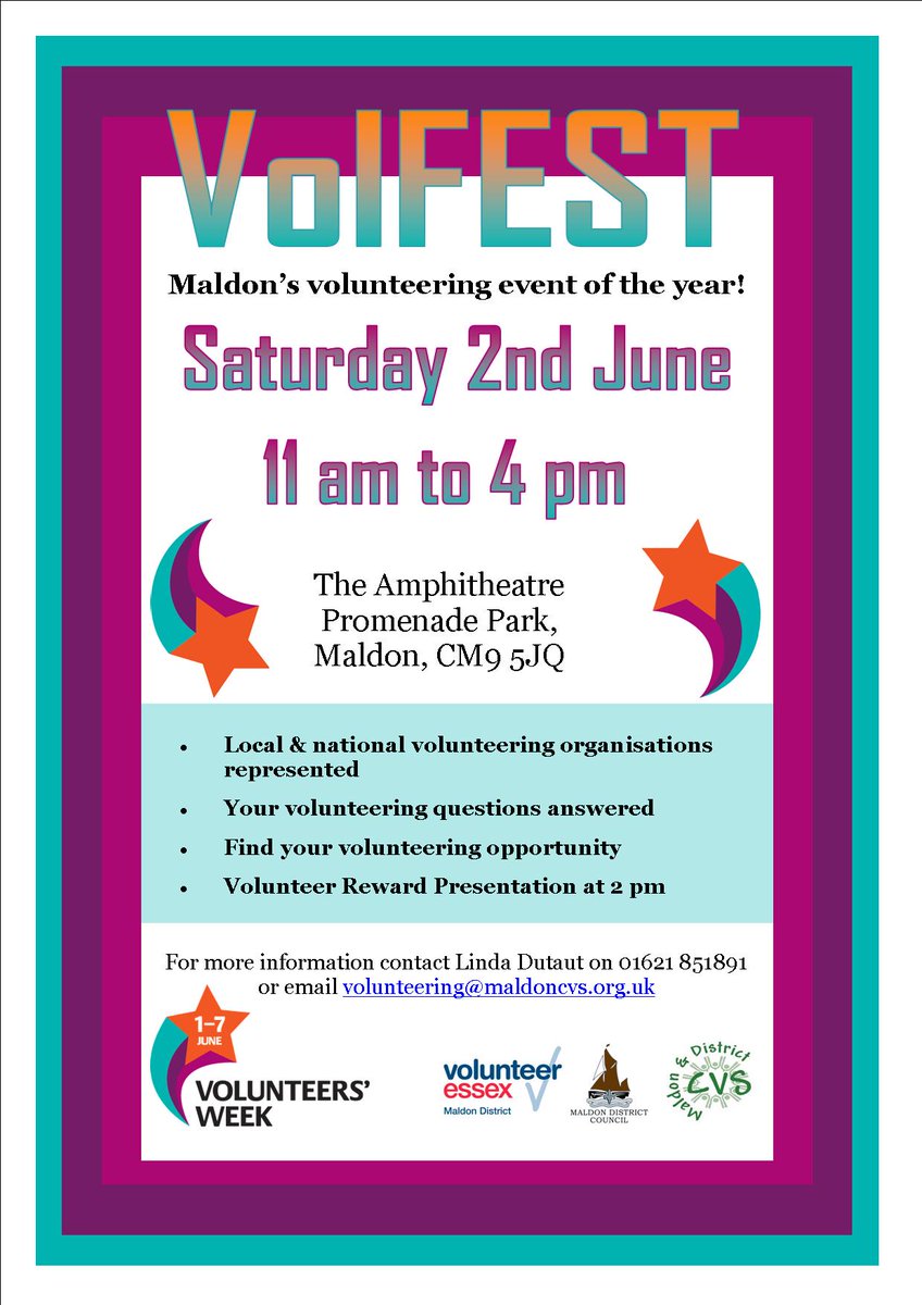 Interested in #volunteering in or around #Maldon? Come along to Volfest this Saturday, 11am-4pm at prom park. @MoatFoundation will be there along with lots of other organisations showcasing opportunities and celebrating volunteers! #VolunteersWeek #Volfest18