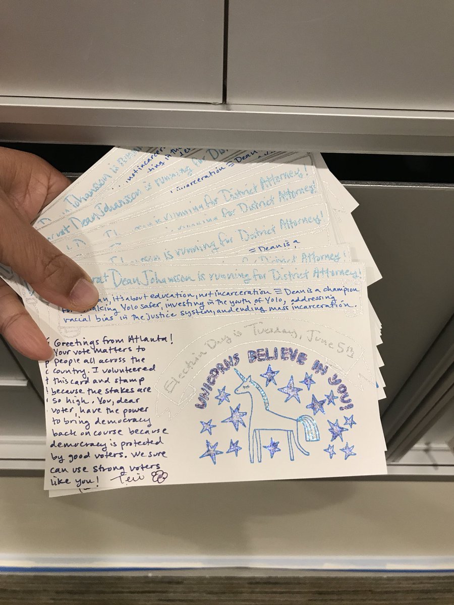 fringecups's tweet photo. Twelve #PostcardsToVoters unicorns in the mail this morning to spread sparkle and get out the vote for Dean Johansson. #Dean4DA https://t.co/z9EMmfyoWw